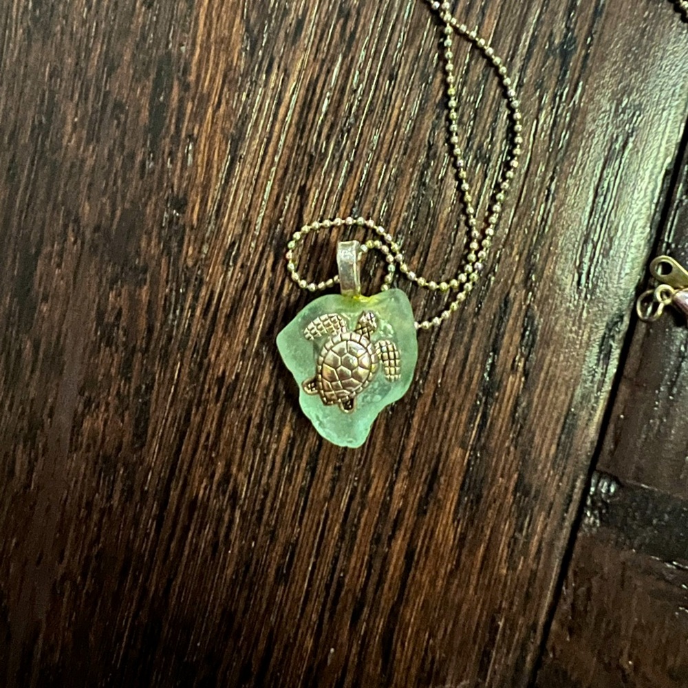 Santa Barbara beach glass handcrafted necklace with silver turtle charm/ chain